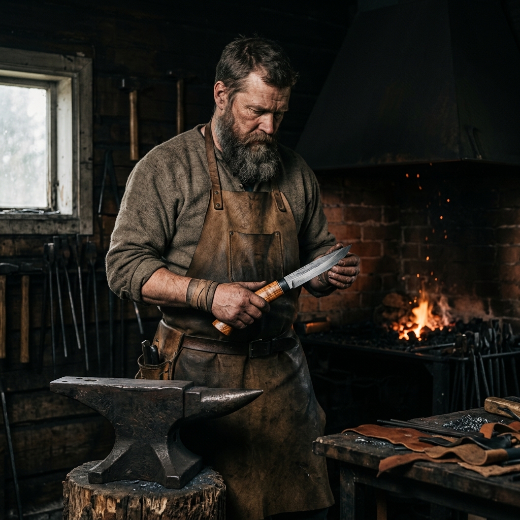 Finnish blacksmith inspecting a Puukko knife