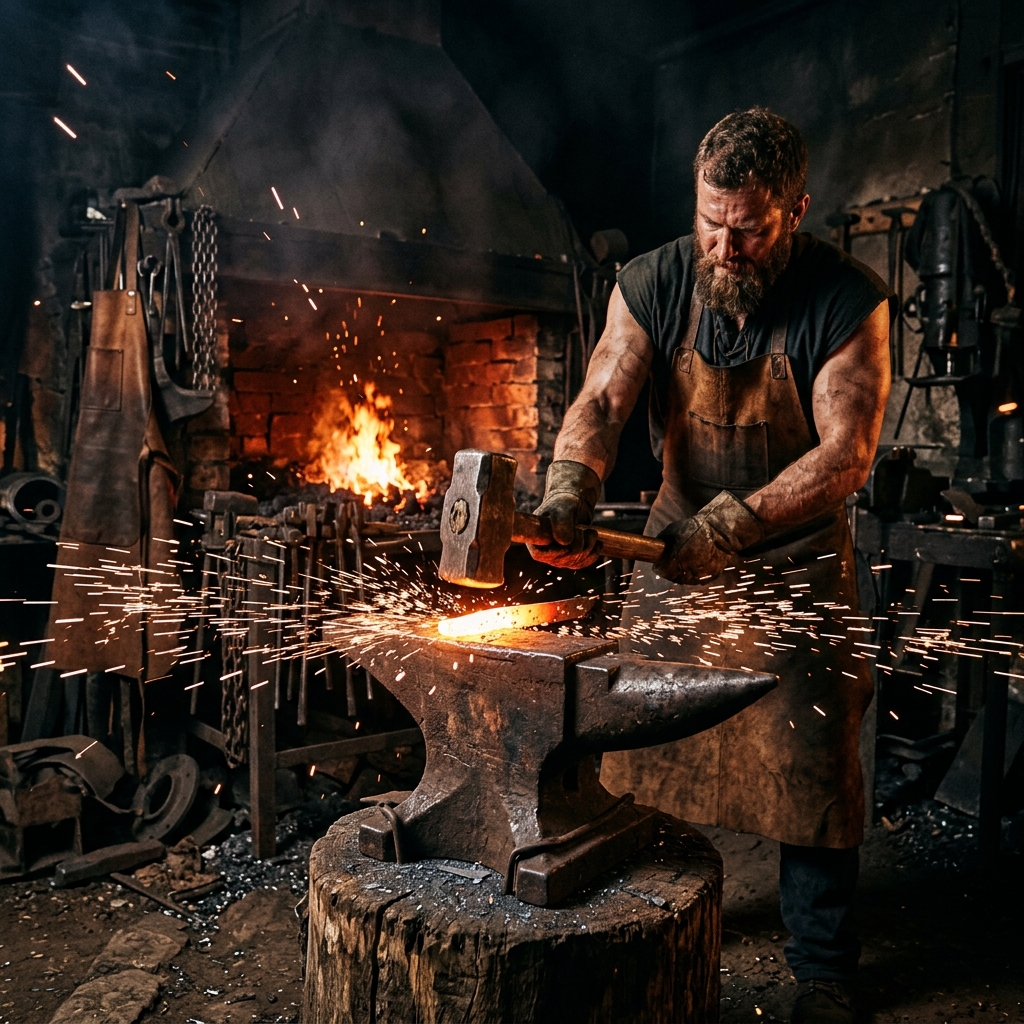 Blacksmith striking hot steel on an anvil