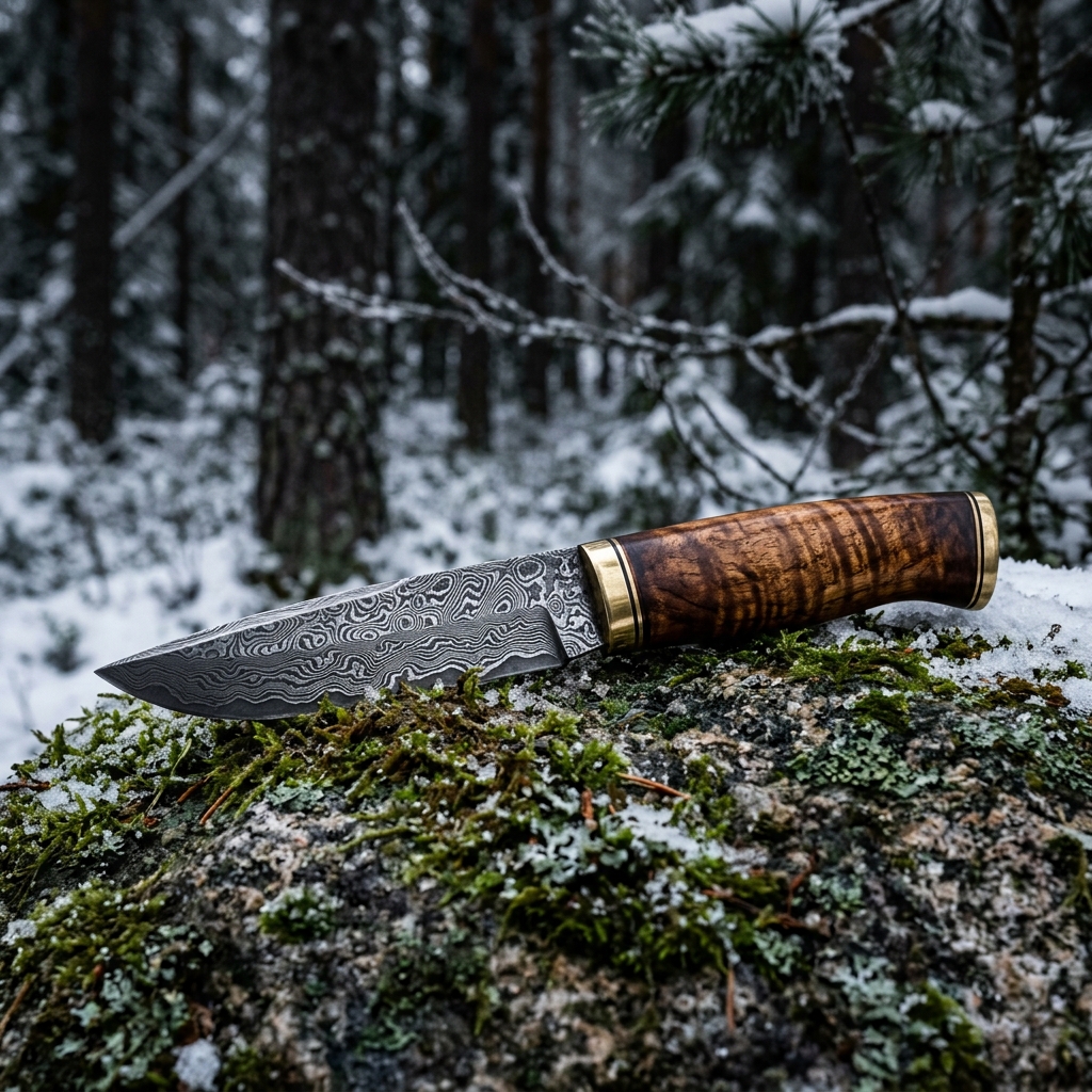 Damascus steel Puukko knife on a mossy rock